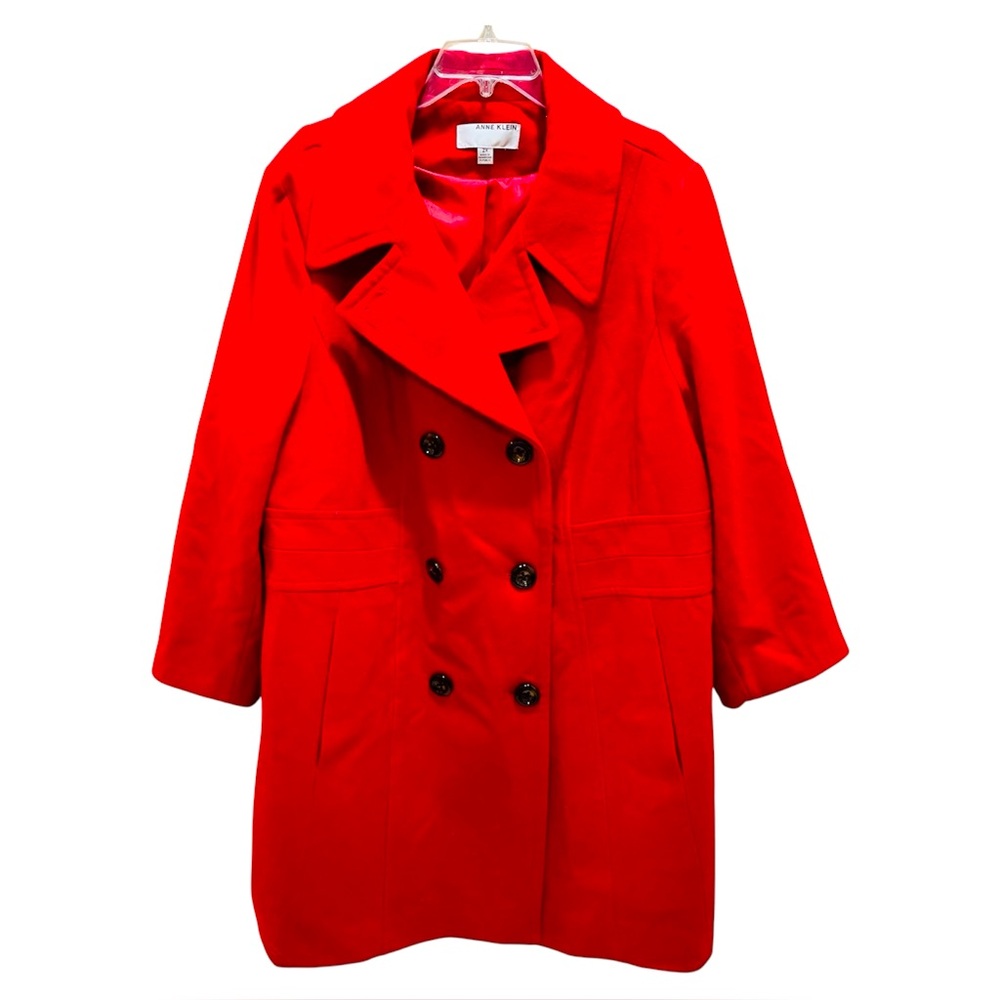 Ann Klein Red Wool Blend Double-Breasted Pea Coat 2X